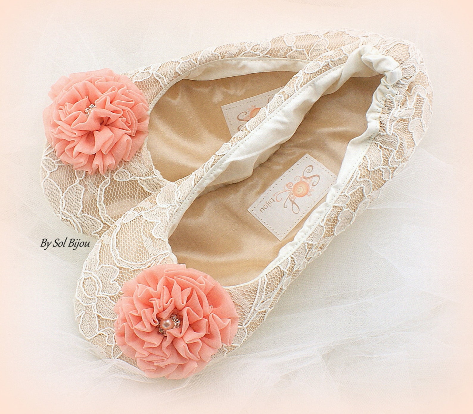 ballet flats wedding slippers in champagne lace with coral flowers