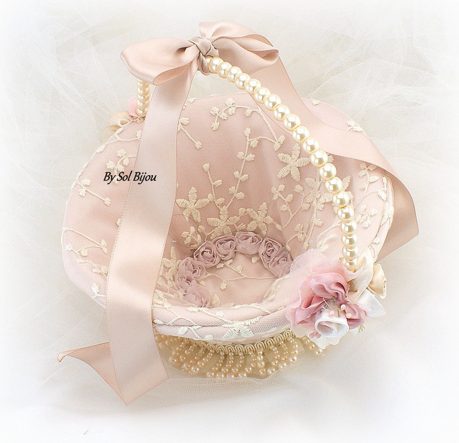 Wedding Flower Girl Basket Rose Blush Ivory Unique Girl Etsy