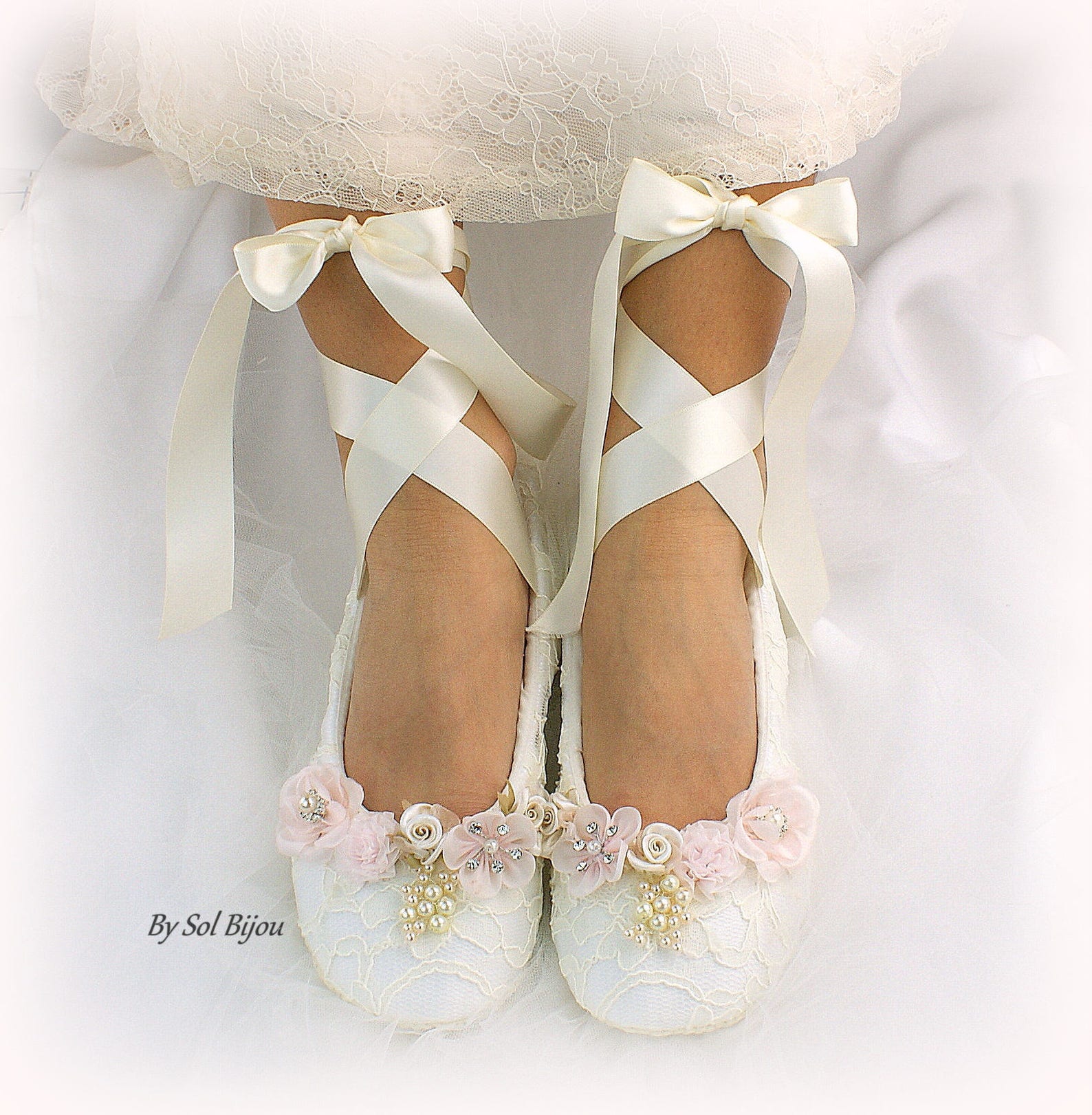 ivory lace wedding ballet shoes slippers lace up bridal ballet flats with flowers and pearls comfortable custom wedding flat sho