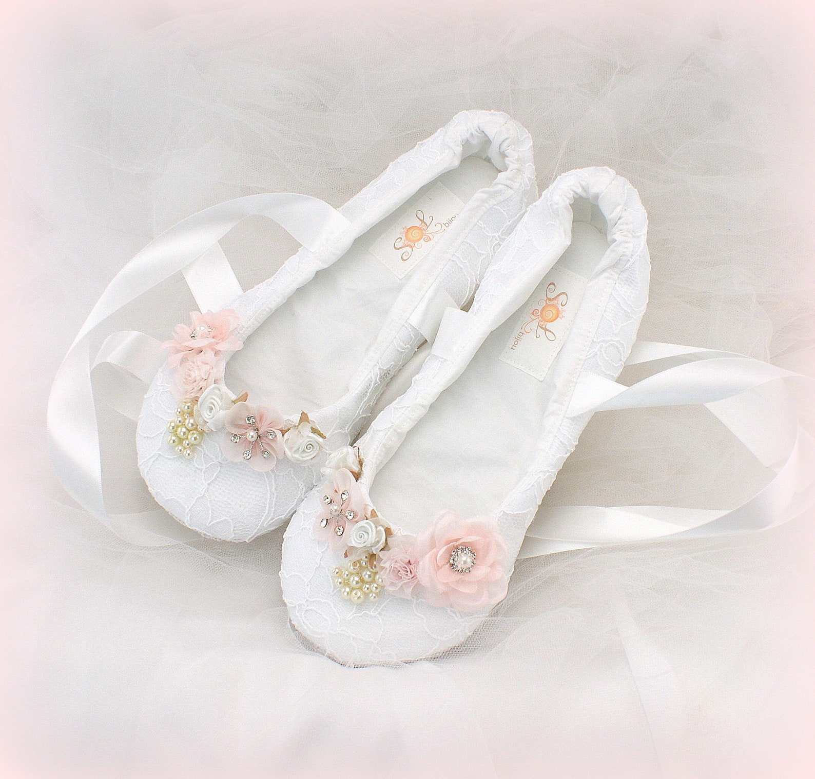 white lace wedding ballet shoes bridal slippers with blush pink flowers and pearls comfortable flats