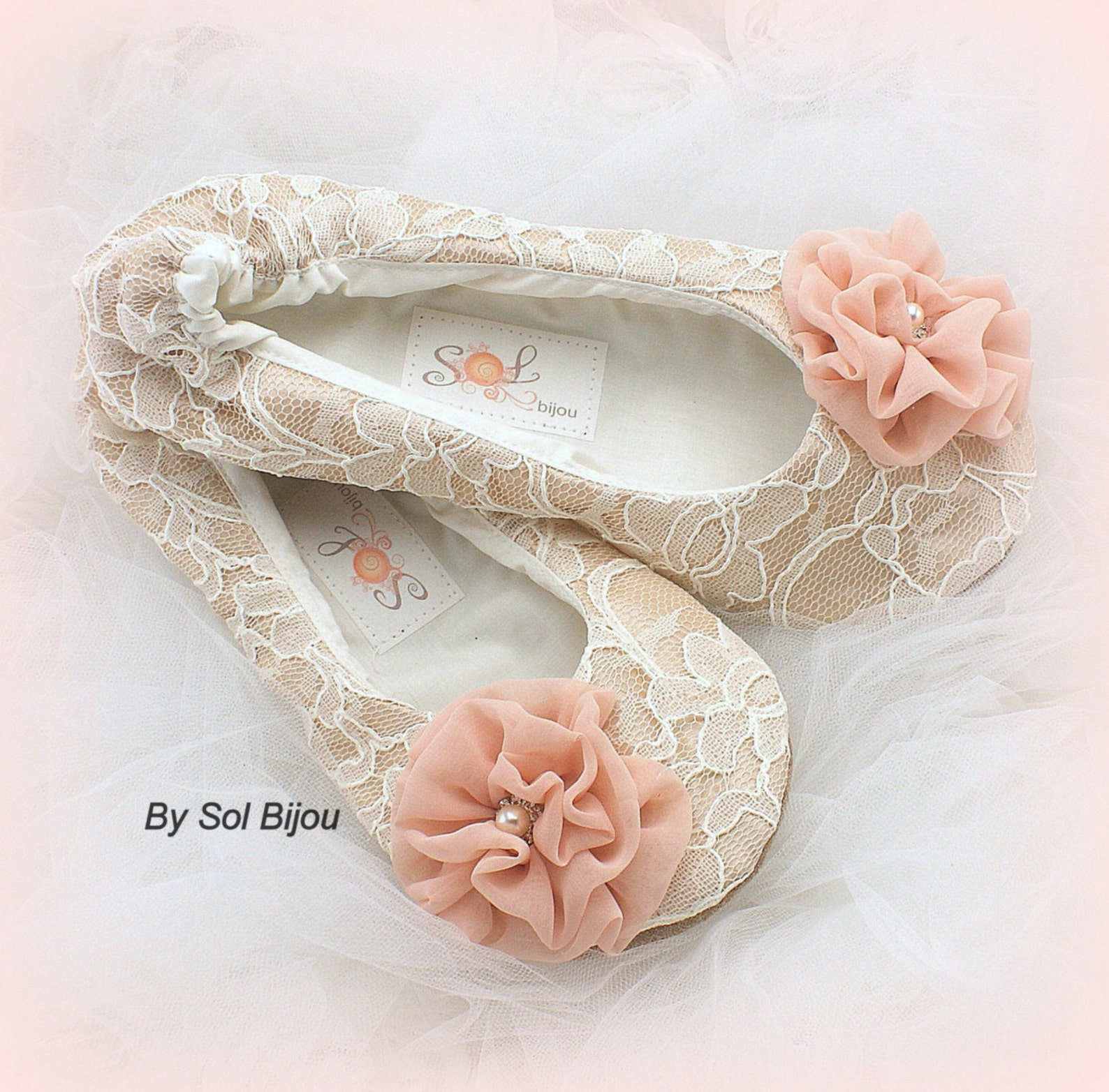 ballet flats wedding slippers in champagne lace with coral flowers