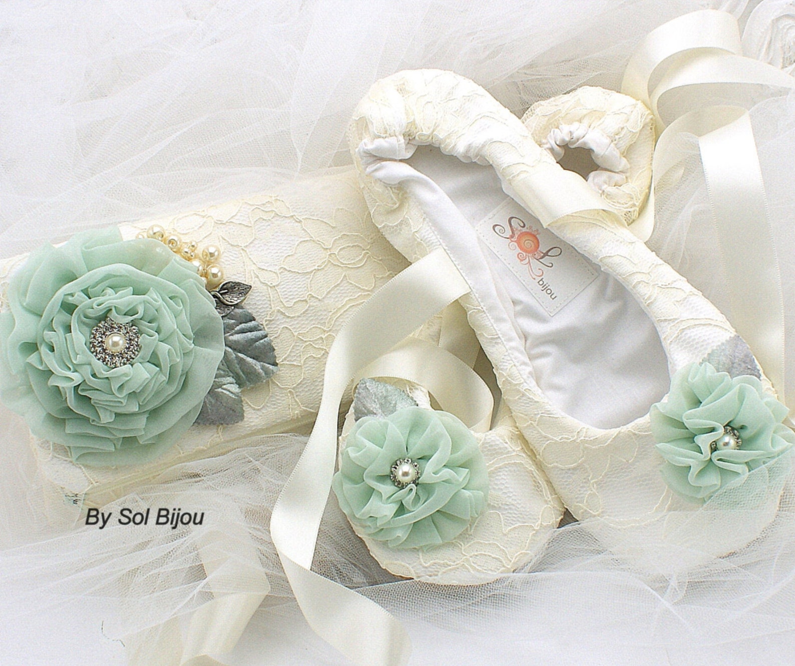 lace ballet shoes in ivory, blush and mint, custom wedding flats
