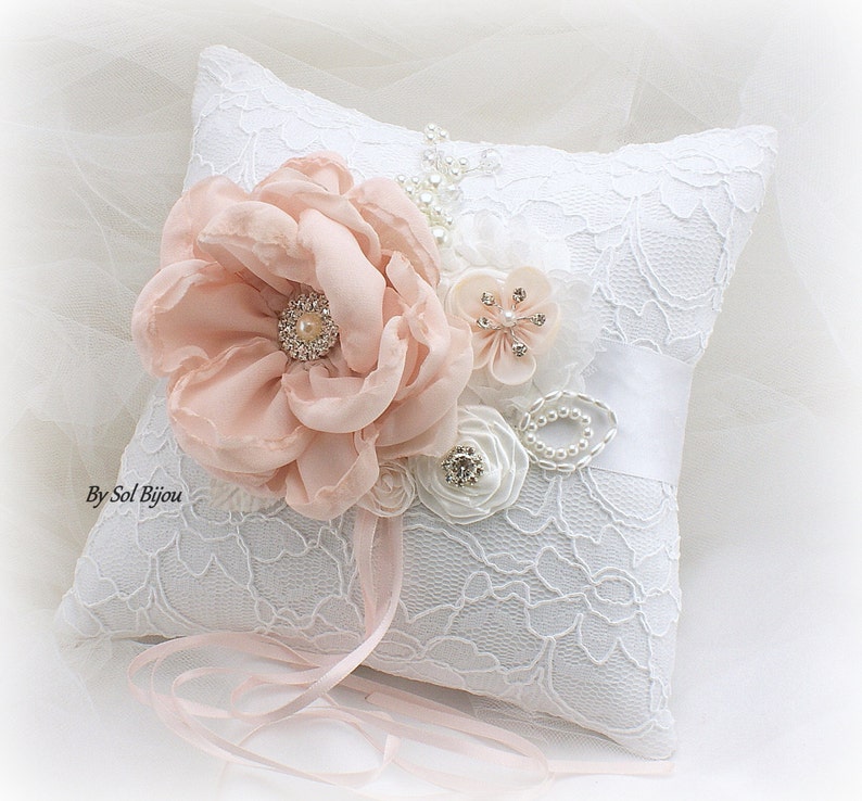 Pink Elegant Wedding Brooch, Bridal Crystals White Vintage Blush Gatsby Wedding Ring Bearer Pillow Lace Pillow Pearls Lace