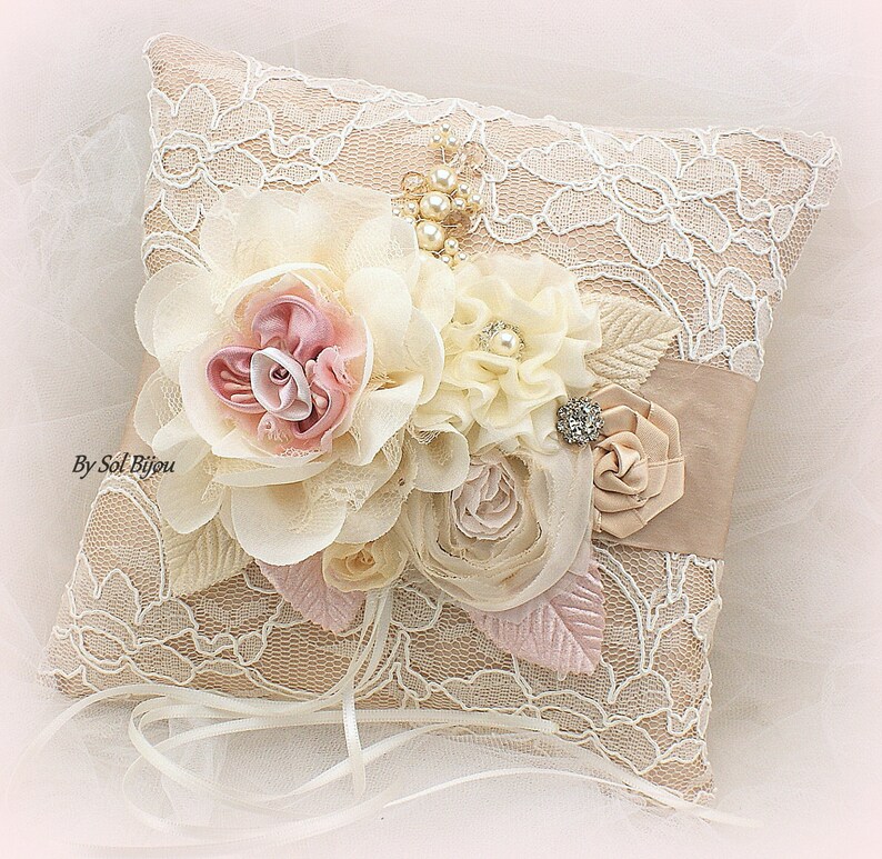 Tan Crystals Elegant Wedding Champagne Pearls Bridal Lace Pink Brooch Ring Bearer Pillow Ivory Blush Beige Vintage Style