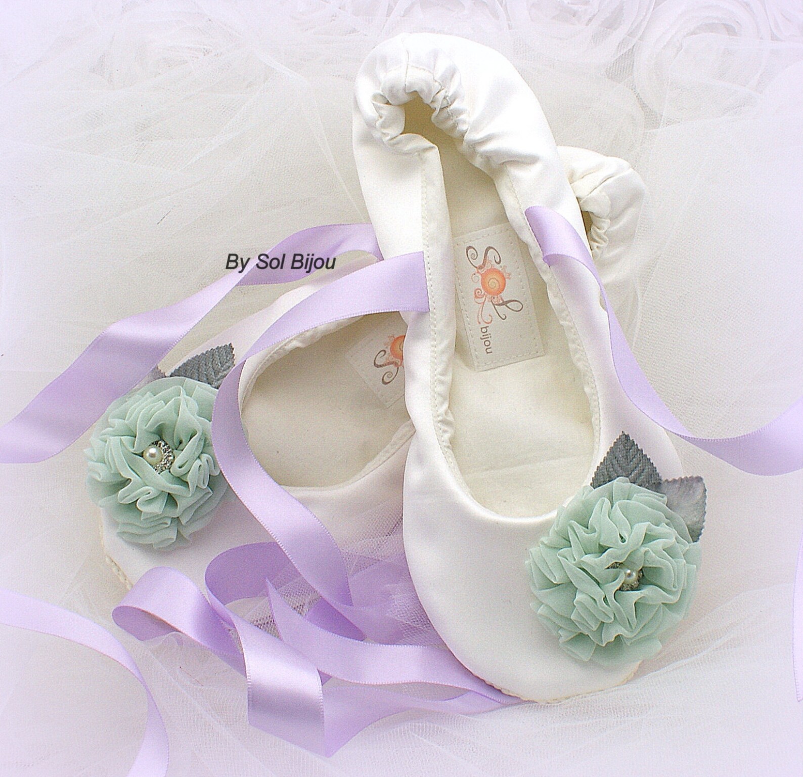 wedding ballet flats shoes ivory mint lilac with flowers and ankle ties satin bridal slippers