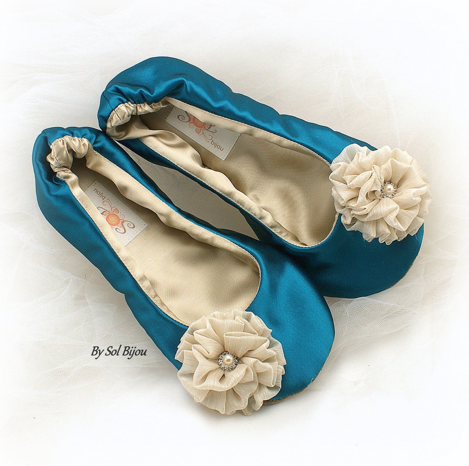 teal and gold wedding ballet flats, teal ballet shoes, turquoise wedding flats shoes, teal satin bridal flats