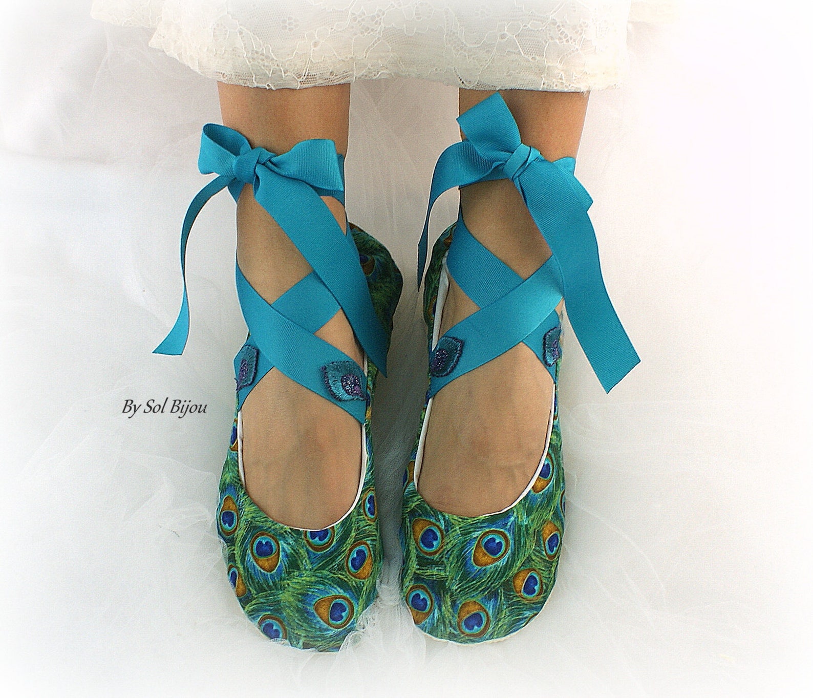 peacock custom wedding bridal ballet flats shoes cotton lace up ballet slippers peacock weddings