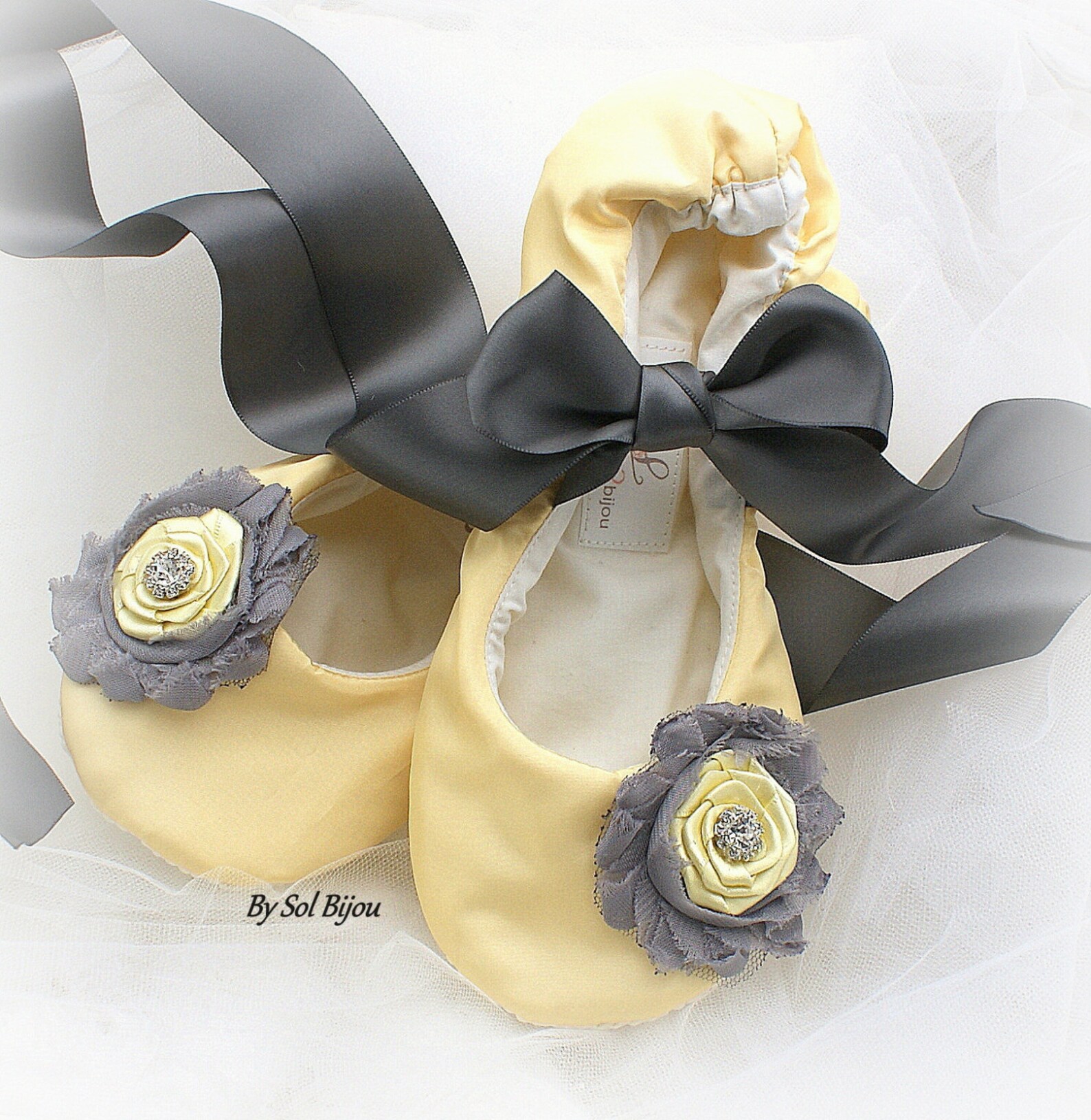 yellow and gray bridal flats, wedding ballet flats in satin with ribbon ties, custom wedding flats