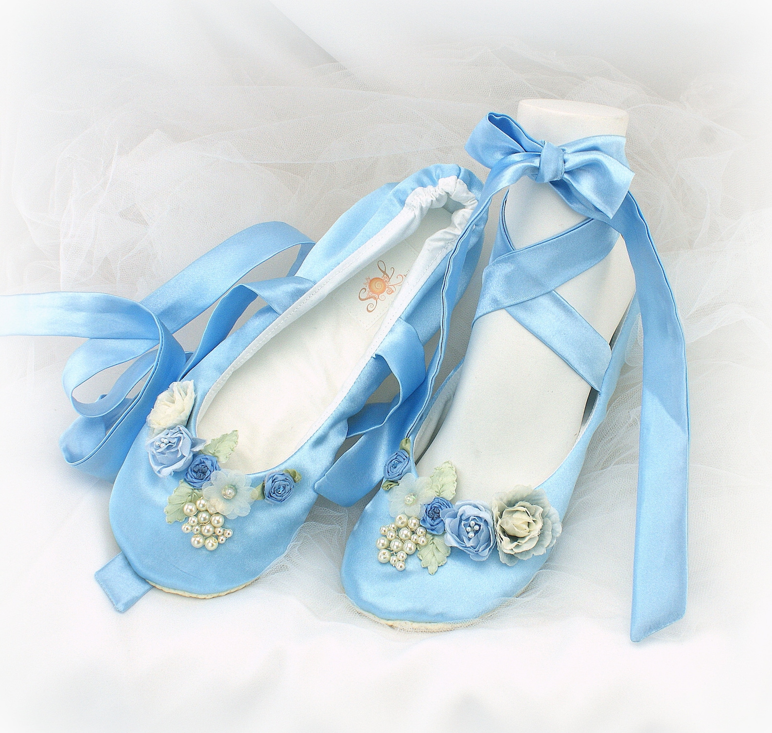 blue satin wedding slippers with flowers vintage style ballet shoes