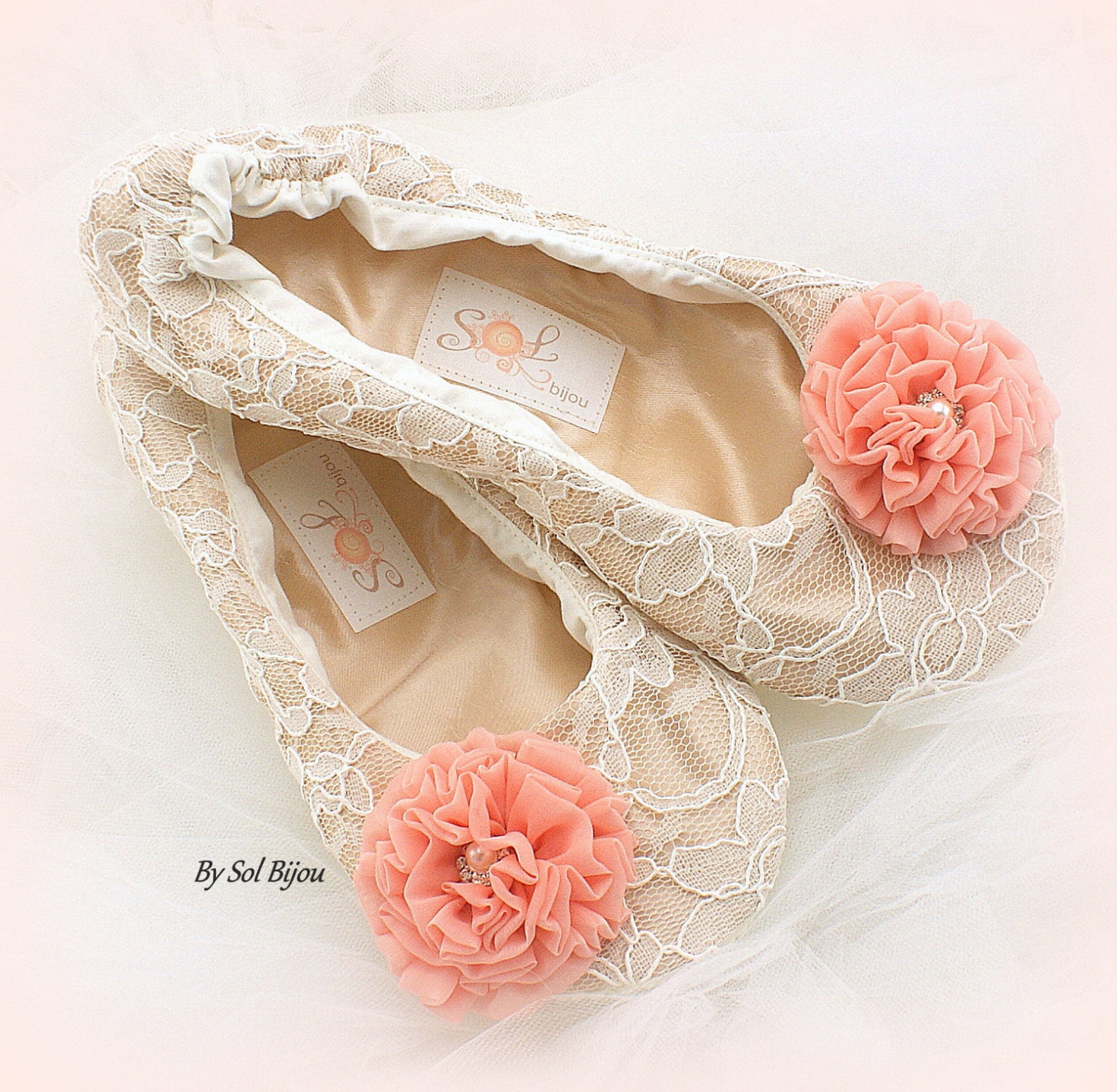ballet flats wedding slippers in champagne lace with coral flowers