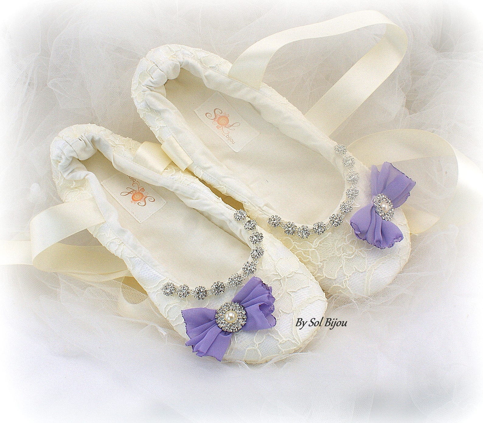 beaded ivory wedding ballet slippers with purple bows, lace bridal ballet flats in custom sizes