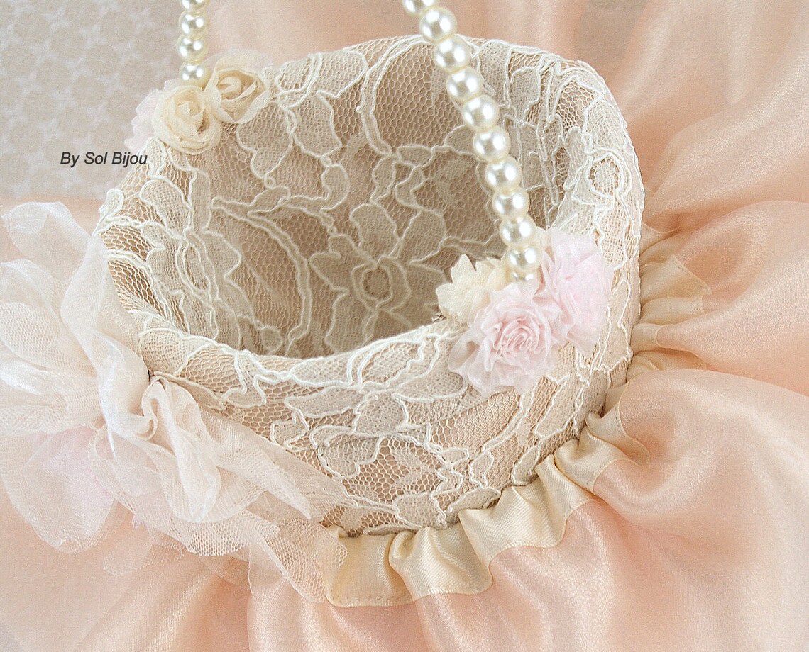 Ring Bearer Pillow Flower Girl Basket Pink Champagne Tan Etsy