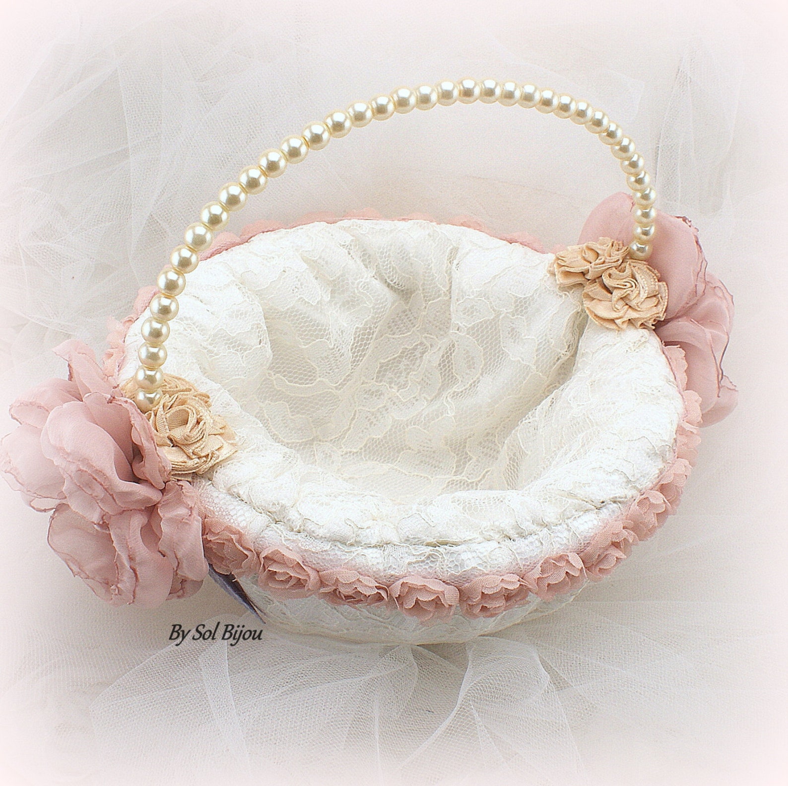 Flower Girl Basket Vintage Wedding Ivory Blush Gold Etsy