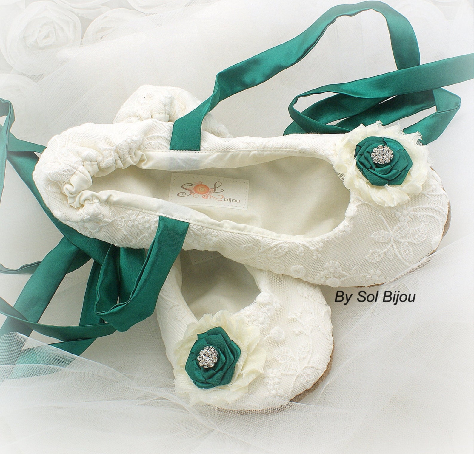 teal and white wedding flats, white lace ballet flats with teal flowers and ankle ties
