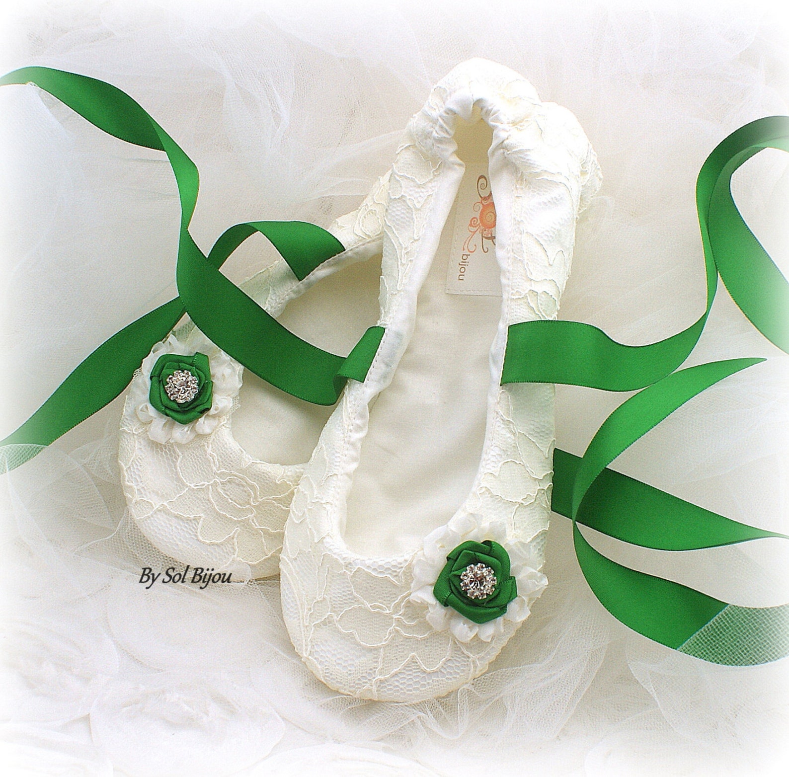 emerald green and ivory bride ballet slippers lace shoes for brides