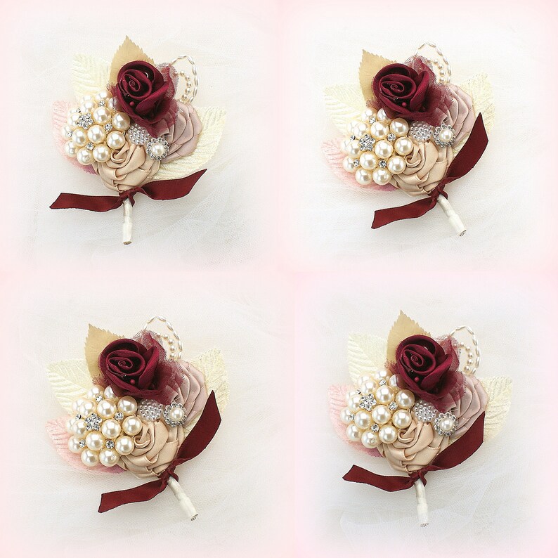 Wedding Groomsmen Boutonnieres Burgundy Champagne Rose Gold with Pearls Vintage Style Buttonholes