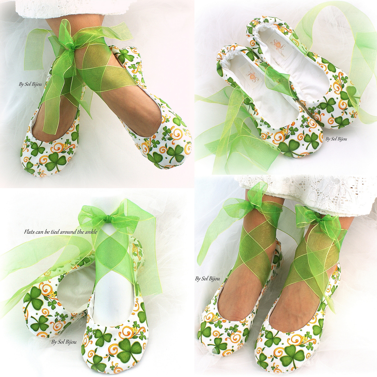 wedding ballet shoes green clover st. patrick irish theme flats with ribbons