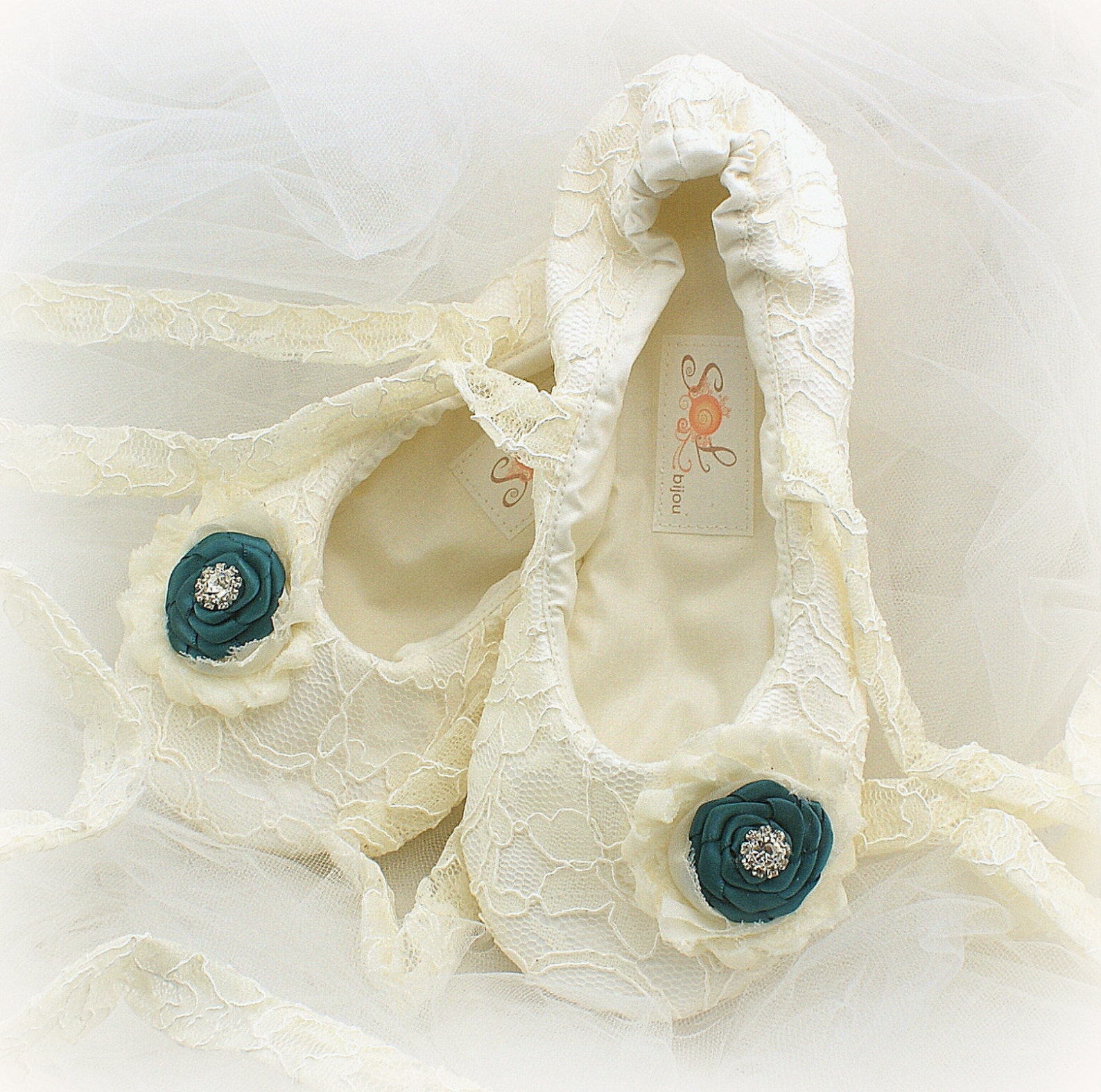 ballet flats, ivory, teal, bridal flats, wedding shoes, flats, lace up, ballerina slippers, flower girl, crystals, lace, vintage