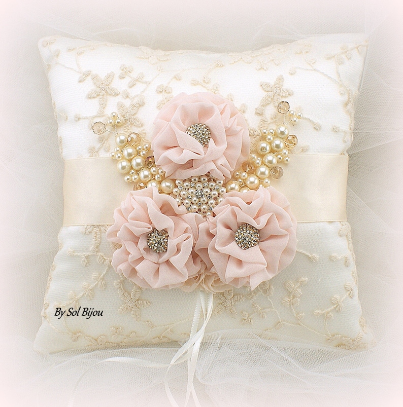 Ring Bearer Pillow Flower Girl Basket Set Gold Ivory Pink Blush Elegant Vintage Style Lace Wedding Basket Ring Cushion