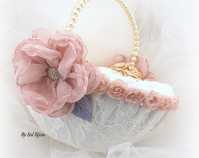 Flower Girl Basket Vintage Wedding Ivory Blush Gold Etsy