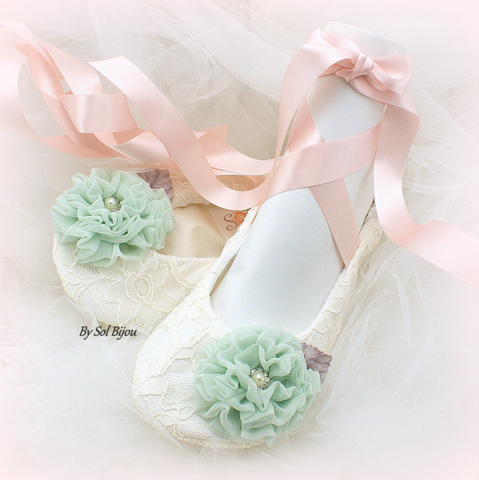 lace ballet shoes in ivory, blush and mint, custom wedding flats