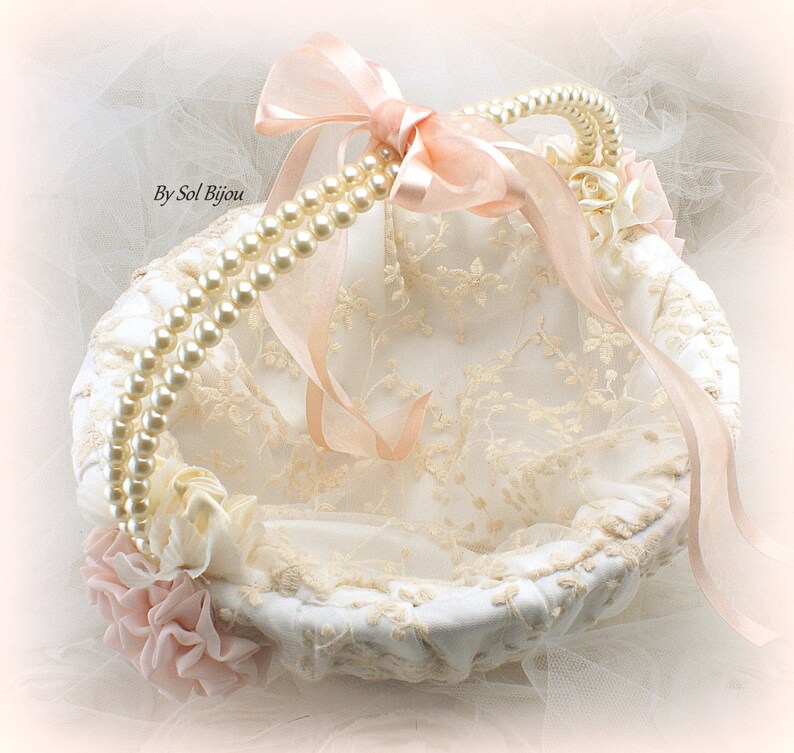 Ring Bearer Pillow Flower Girl Basket Set Gold Ivory Pink Blush Elegant Vintage Style Lace Wedding Basket Ring Cushion