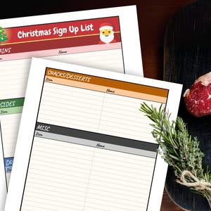 Puede incluir: Dos listas imprimibles de inscripción navideña con secciones para platos principales, guarniciones, snacks/postres y artículos varios. La hoja superior tiene un encabezado rojo con un árbol de Navidad y una ilustración de Papá Noel.