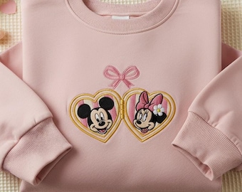 EMBROIDERED Coquette Bow Disney Locket Heart Valentine Sweatshirt, Mickey Minnie Disney Couple Shirt, WDW Disneyland Valentine Sweaters