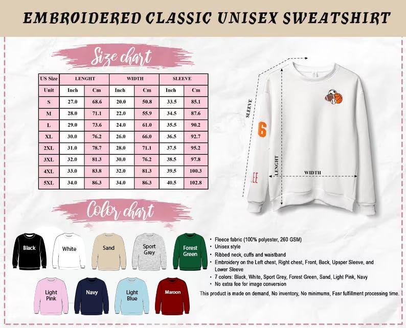 May include: White unisex sweatshirt with embroidered design. Features a size chart with measurements in inches and centimeters, and a color chart with various options. The sweatshirt has a ribbed neck, cuffs, and waistband. The text "EMBROIDERED CLASSIC UNISEX SWEATSHIRT" is at the top.