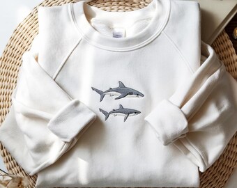 BESTICKTES Hai-Sweatshirt, Minimales Ozeantier Rundhalsausschnitt, Weißer Hai Shirt, Unisex-Pullover für Strandliebhaber, Meeresleben Geschenk