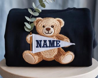 EMBROIDERED Teddy Bear Pennant Sweatshirt, Custom College Embroidery Shirt, NYU School Spirit Crewneck, Trendy Campus Sweater, Grad Gift