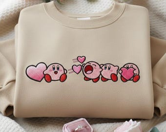 Broderad Kirby Valentine-tröja, rolig alla hjärtans dag-tröja, alla hjärtans dag-tröja, Kirby-hjärtskjorta, alla hjärtans dag-tröja, Kirby-tröja