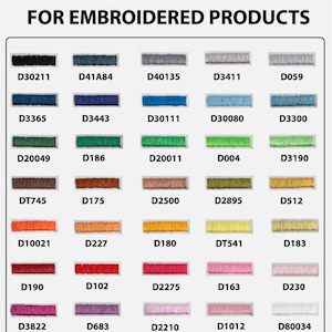 May include: A color chart titled NEW STITCH COLORS FOR EMBROIDERED PRODUCTS, displaying thirty-five rectangular swatches of embroidery thread in various shades, each labeled with a unique alphanumeric code such as D30211, D41A84, and D80034.