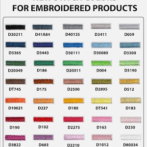 May include: A color chart displays new stitch colors for embroidered products. The chart features a variety of thread colors, each labeled with a unique code. Colors range from black and gray to vibrant blues, greens, oranges, reds, pinks, and yellows. The text "NEW STITCH COLORS FOR EMBROIDERED PRODUCTS" is at the top.