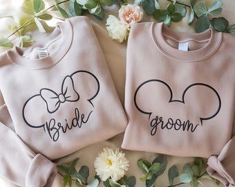 EMBROIDERED Disney Bride Groom Matching Sweatshirt,Mickey Minnie Couple Disney Wedding Shirt, Mickey Groom Minnie Bride Shirt,Disney Wedding