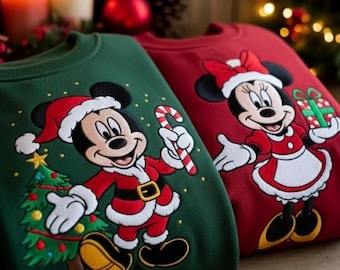 Sudadera navideña bordada de Mickey y Minnie con Papá Noel, Sudadera navideña de Mickey y Minnie, Suéter navideño a juego para parejas de Disney