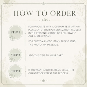 Puede incluir: Un gr&aacute;fico de instrucciones titulado HOW TO ORDER con tres pasos. El paso 1 indica ingresar texto personalizado en el cuadro de personalizaci&oacute;n o enviar fotos por mensaje. El paso 2 dice agregar el art&iacute;culo al carrito de compras.