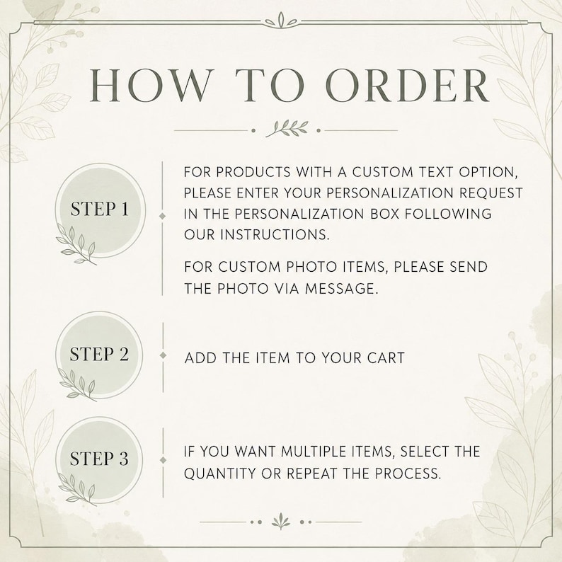 Puede incluir: Un gr&aacute;fico de instrucciones titulado HOW TO ORDER con tres pasos. El paso 1 indica ingresar texto personalizado en el cuadro de personalizaci&oacute;n o enviar fotos por mensaje. El paso 2 dice agregar el art&iacute;culo al carrito de compras.