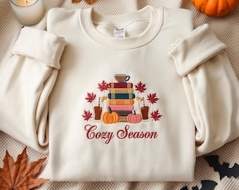 Haftowana bluza na przytulną porę roku, bluza z okrągłym dekoltem dla miłośników książek, bluza z jesiennymi wibracjami, estetyczna koszulka dla dziewczynek lubiących książki, koszulka na Halloween dla miłośników książek