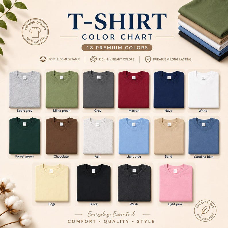 May include: A T-shirt color chart displaying 18 folded cotton shirts in various shades including sport grey, military green, maroon, navy, white, forest green, chocolate, ash, light blue, sand, Carolina blue, beige, black, wash, and light pink.