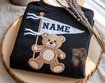 EMBROIDERED Teddy Bear College Pennant Sweatshirt, Custom University Embroidery, Cute School Spirit Crewneck, Trending Campus Grad Gift Idea