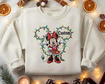 EMBROIDERED Minnie Christmas Lights Sweatshirt, Festive Minnie Holiday Sweater, Minnie Santa Xmas Shirt, Disney Christmas Kids Shirt