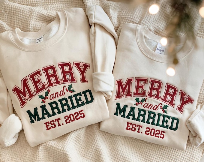 EMBROIDERED Merry and Married Sweatshirt, Christmas Newlywed Matching Couple Sweaters, Christmas Wedding Sweater, Christmas Couple Shirts