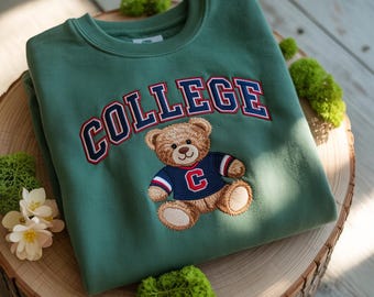 EMBROIDERED Custom Teddy College Sweatshirt, University Spirit Shirt, School Pride Crewneck,Cute Sorority Campus Outfit,College Mascot Shirt