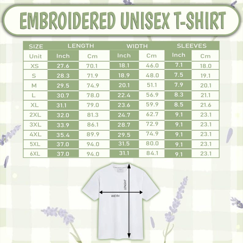 May include: A white t-shirt size chart featuring the text EMBROIDERED UNISEX T-SHIRT. The chart displays length, width, and sleeve measurements in inches and centimeters for sizes XS through 6XL, with a diagram showing how to measure the t-shirt.