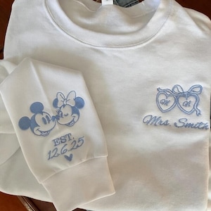 Embroidered Disney Bride Sweatshirt, Mickey Minnie Weddding Tee, Future Mrs Shirt, Custom Wedding Date Shirt, Disney Engagement Shirt