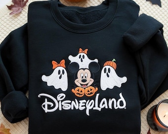 Haftowana bluza z Myszką Miki na Halloween, sweter z dynią z duchem Disneylandu, jesienna koszula Disney, koszulka z duchem Myszki Miki, Disneyland Halloween