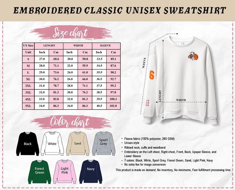 Puede incluir: Una sudadera blanca con un peque&ntilde;o gr&aacute;fico bordado de baloncesto y f&uacute;tbol americano en el pecho. La imagen incluye una tabla de tallas con medidas en cent&iacute;metros, una carta de colores con siete tonos y texto sobre el tejido de forro polar.
