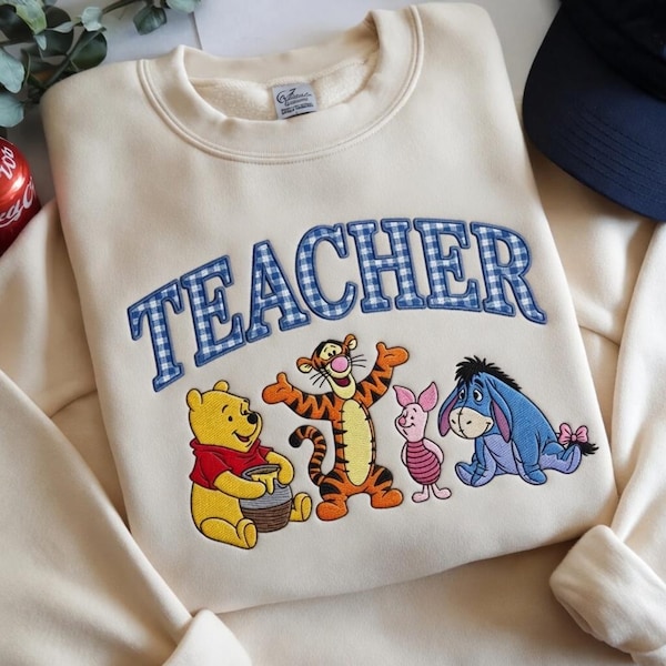 Embroidered Teacher Gingham Bear Sweatshirt, Winnie Pooh Crewneck, Pooh Bear Teacher Hoodie, Disney Teacher Tee, First Grade Teacher Gift