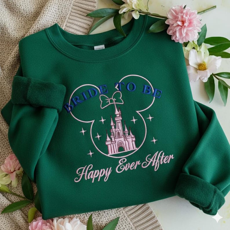 Puede incluir: Una sudadera de cuello redondo verde oscuro con un dise&ntilde;o bordado de un castillo dentro del contorno de unas orejas de Mickey Mouse. El texto dice BRIDE TO BE en azul y Happy Ever After en rosa, con estrellas y un lazo bordados.